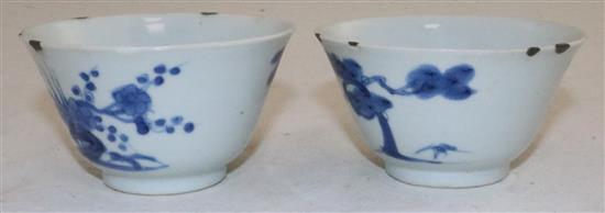 Two Chinese blue and white bowls, Transitional period, c.1640, diameter 9.5cm, old rim repairs